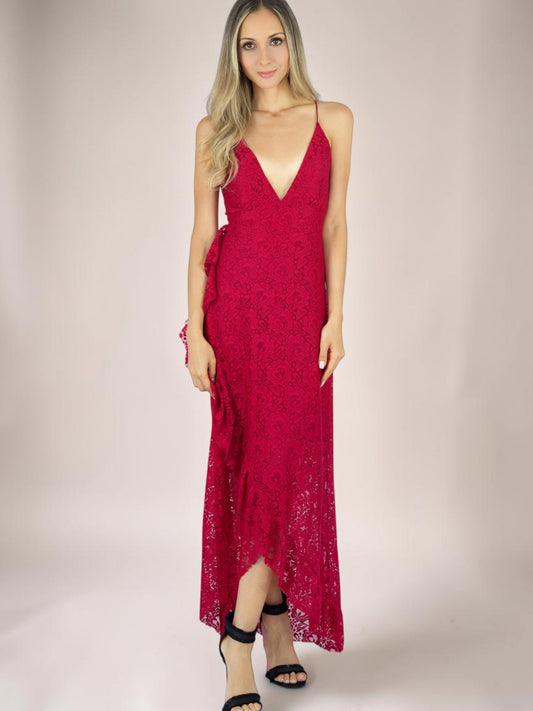 Vestido Liage Longo Festa Renda Mullet Midi Babado Fenda Liso Decote V Frente Unica Vinho / Bordô