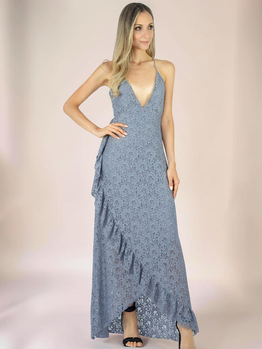 Vestido Liage Longo Renda Mullet Midi Babado Fenda Liso Decote V Frente Unica Cinza
