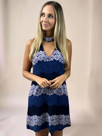 Vestido Liage Curto Festa Liso Renda Sem Manga Manga Chocker Recorte Azul Marinho Escuro Claro