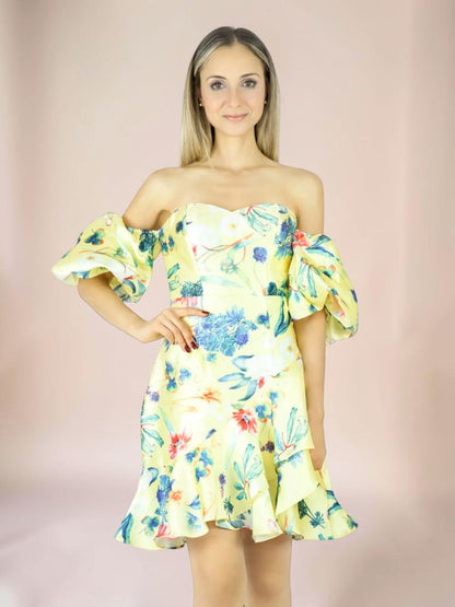 Vestido Liage Curto Floral Florido Flor Estampado Tomara Que Caia Manga Balone Babado Amarelo/Azul Escuro/Vermelho/Verde