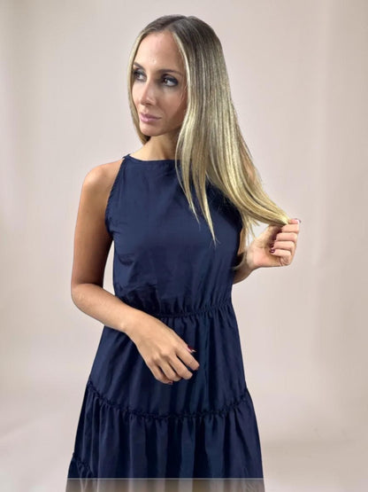 Vestido Liage Longo Liso Babado Sem Manga Azul Marinho Escuro