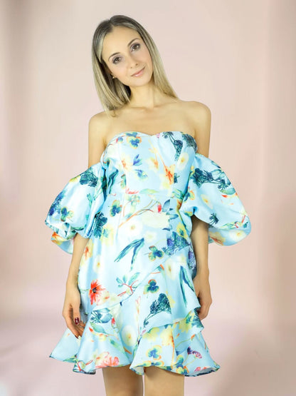 Vestido Liage Curto Floral Florido Flor Estampado Tomara Que Caia Manga Balone Babado Azul Claro/Vermelho/Verde