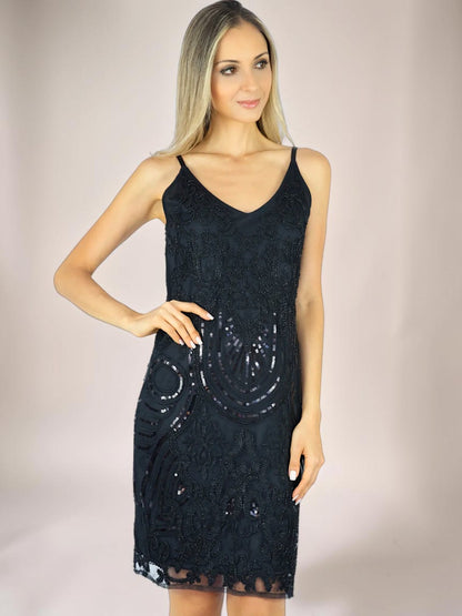 Vestido Liage Curto Bordado Festa Alça Brilho Transparencia Decote V e Costas Preto