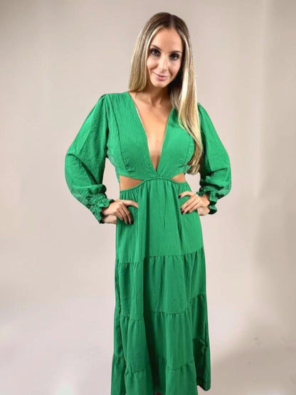 Vestido Liage Longo Manga Comprida Decote V Recorte Verde Esmeralda