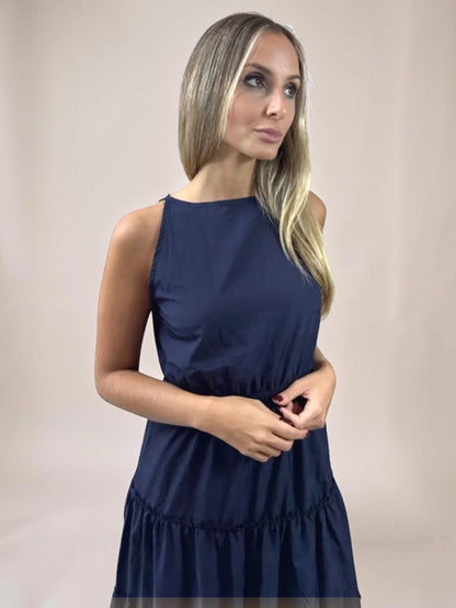 Vestido Liage Longo Liso Babado Sem Manga Azul Marinho Escuro