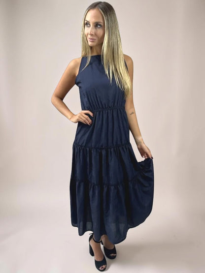 Vestido Liage Longo Liso Babado Sem Manga Azul Marinho Escuro