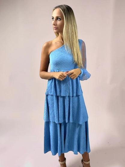 Vestido Liage Midi Longo Festa Liso Um Ombro Manga Comprida Transparência Tule Babado Azul Claro
