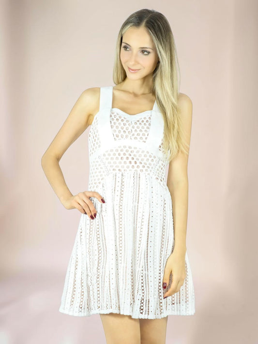 Vestido Liage Curto Alça Recorte Branco e Nude / Bege / Off-White