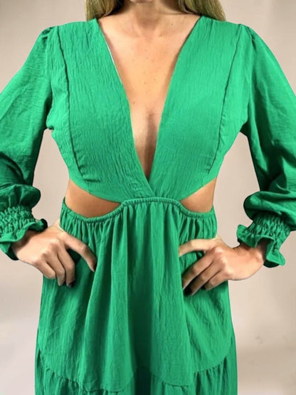 Vestido Liage Longo Manga Comprida Decote V Recorte Verde Esmeralda