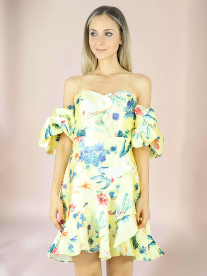 Vestido Liage Curto Floral Florido Flor Estampado Tomara Que Caia Manga Balone Babado Amarelo/Azul Escuro/Vermelho/Verde