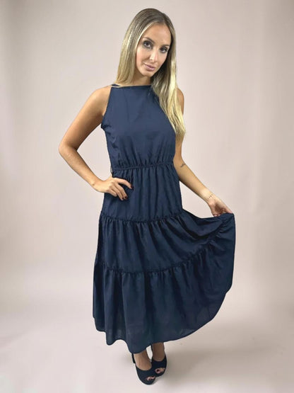 Vestido Liage Longo Liso Babado Sem Manga Azul Marinho Escuro