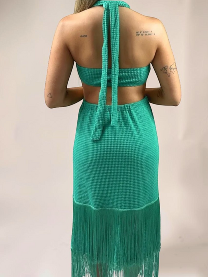 Vestido Liage Longo Festa Liso Franja Recorte Textura Frente Unica Verde