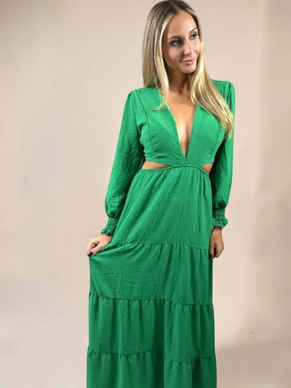 Vestido Liage Longo Manga Comprida Decote V Recorte Verde Esmeralda