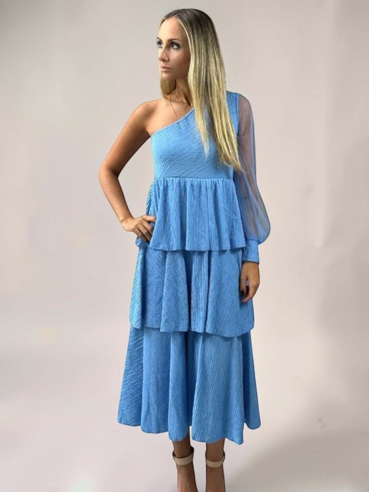 Vestido Liage Midi Longo Festa Liso Um Ombro Manga Comprida Transparência Tule Babado Azul Claro