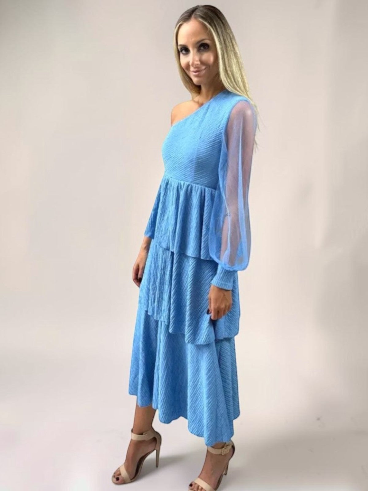 Vestido Liage Midi Longo Festa Liso Um Ombro Manga Comprida Transparência Tule Babado Azul Claro