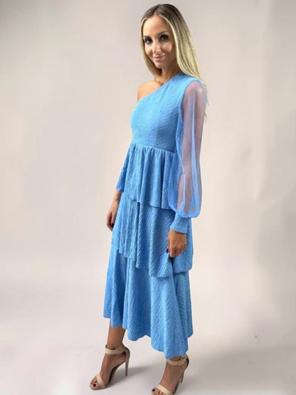 Vestido Liage Midi Longo Festa Liso Um Ombro Manga Comprida Transparência Tule Babado Azul Claro
