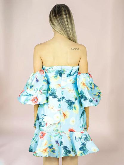 Vestido Liage Curto Floral Florido Flor Estampado Tomara Que Caia Manga Balone Babado Azul Claro/Vermelho/Verde