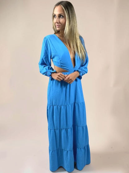 Vestido Liage Longo Manga Comprida Decote V Recorte Azul Claro