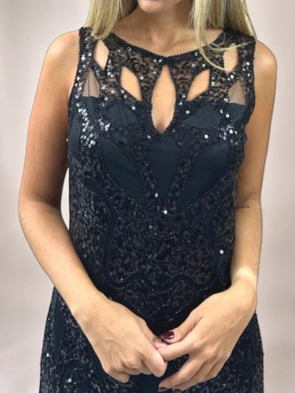 Vestido Liage Curto Festa Bordado Paete Tule Transparencia Brilho Sem Manga Preto