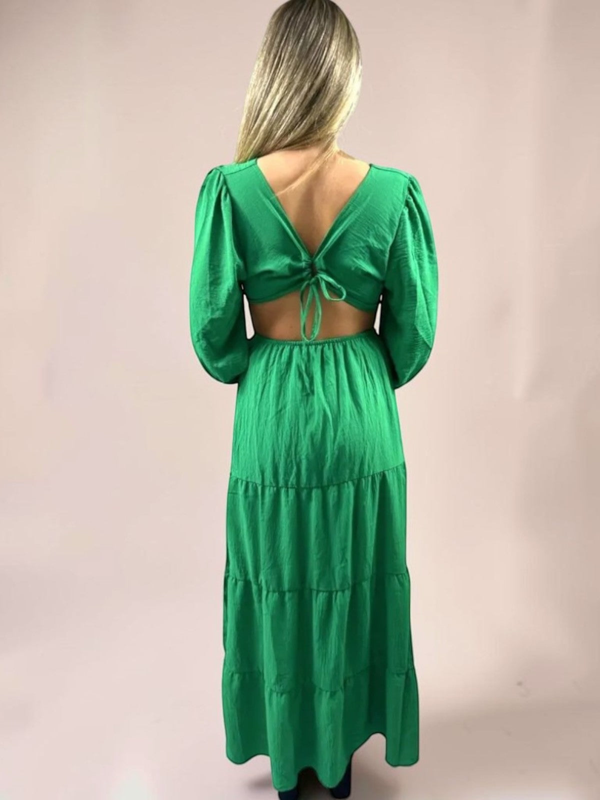 Vestido Liage Longo Manga Comprida Decote V Recorte Verde Esmeralda