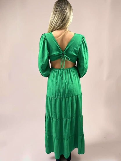 Vestido Liage Longo Manga Comprida Decote V Recorte Verde Esmeralda