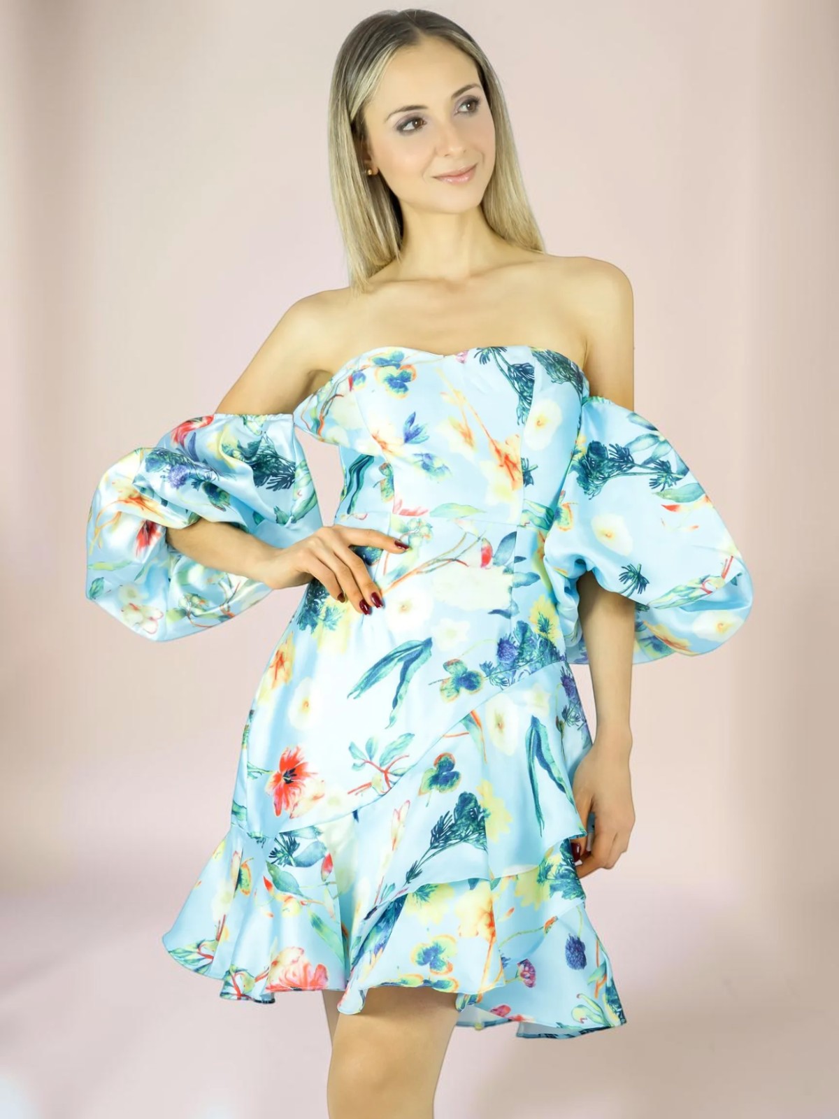 Vestido Liage Curto Floral Florido Flor Estampado Tomara Que Caia Manga Balone Babado Azul Claro/Vermelho/Verde