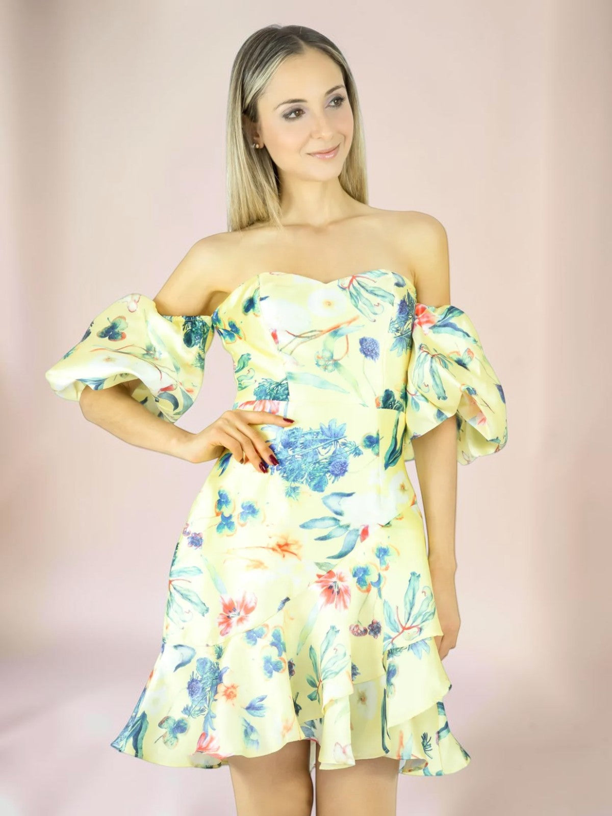 Vestido Liage Curto Floral Florido Flor Estampado Tomara Que Caia Manga Balone Babado Amarelo/Azul Escuro/Vermelho/Verde