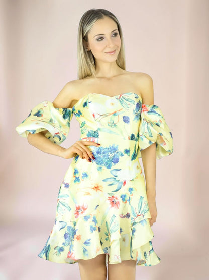 Vestido Liage Curto Floral Florido Flor Estampado Tomara Que Caia Manga Balone Babado Amarelo/Azul Escuro/Vermelho/Verde