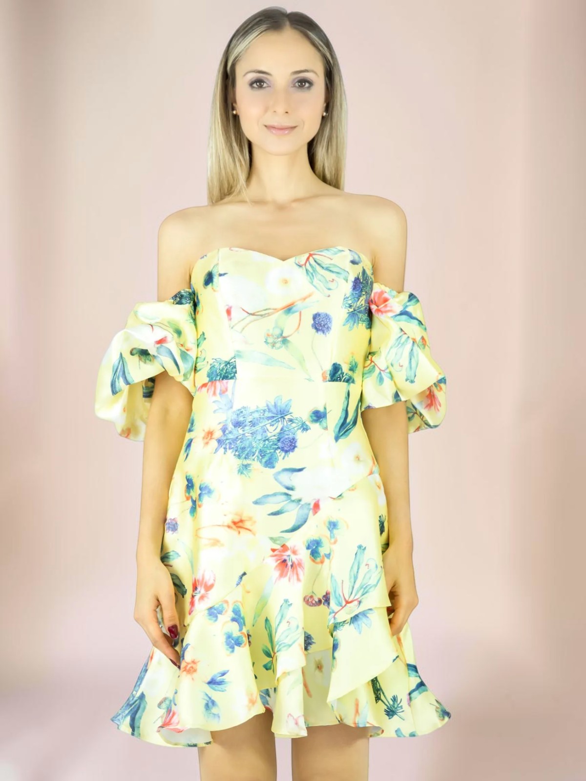 Vestido Liage Curto Floral Florido Flor Estampado Tomara Que Caia Manga Balone Babado Amarelo/Azul Escuro/Vermelho/Verde