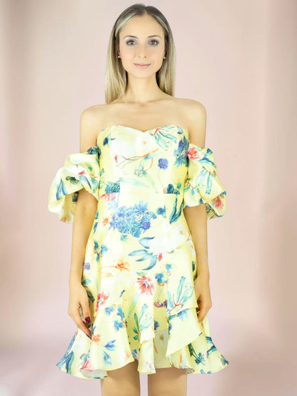 Vestido Liage Curto Floral Florido Flor Estampado Tomara Que Caia Manga Balone Babado Amarelo/Azul Escuro/Vermelho/Verde