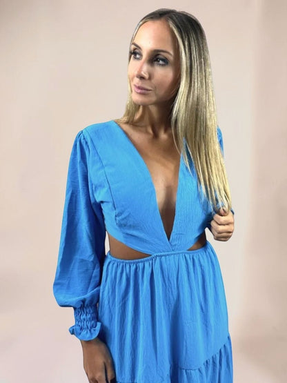 Vestido Liage Longo Manga Comprida Decote V Recorte Azul Claro