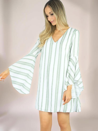 Vestido Liage Curto Listrado Manga Comprida Decote V Listras Finas Branco / Off-White e Verde