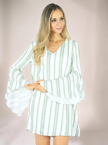 Vestido Liage Curto Listrado Manga Comprida Decote V Listras Finas Branco / Off-White e Verde