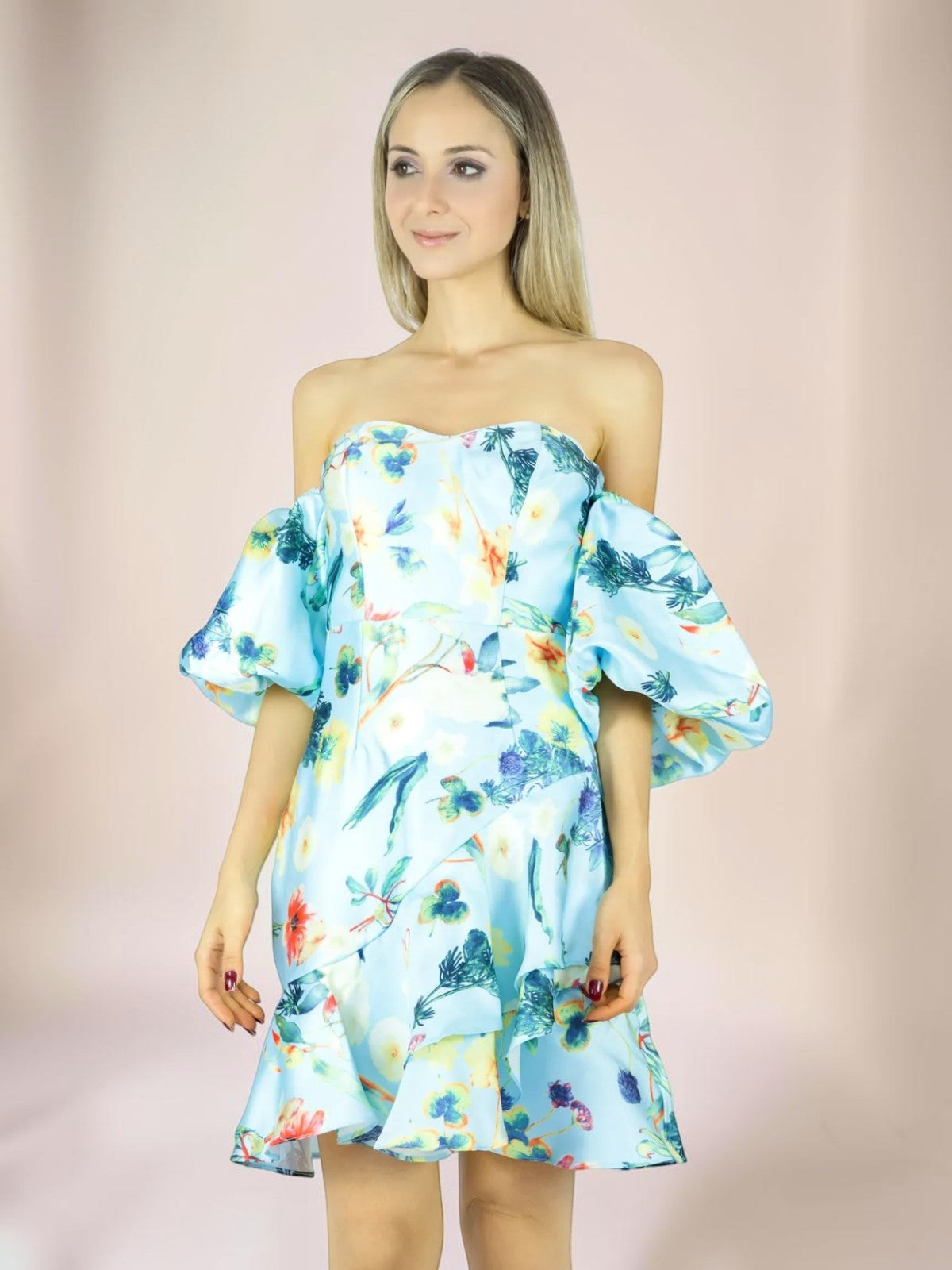 Vestido Liage Curto Floral Florido Flor Estampado Tomara Que Caia Manga Balone Babado Azul Claro/Vermelho/Verde
