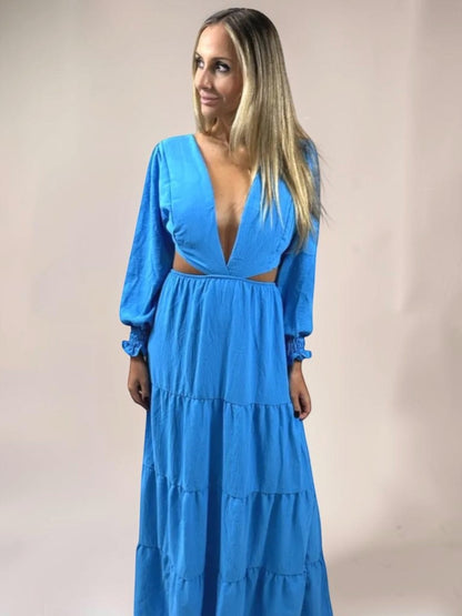 Vestido Liage Longo Manga Comprida Decote V Recorte Azul Claro