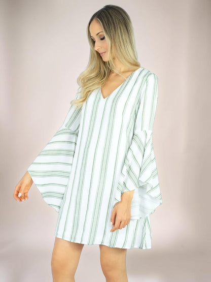 Vestido Liage Curto Listrado Manga Comprida Decote V Listras Finas Branco / Off-White e Verde