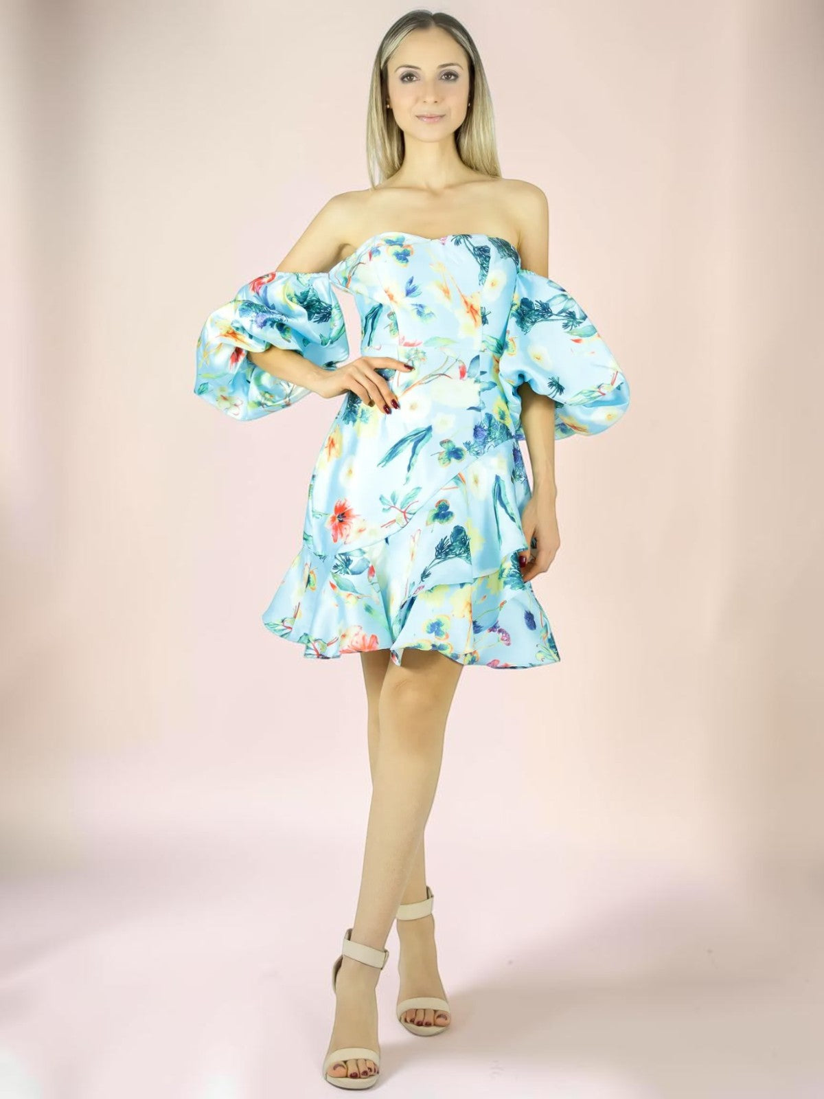 Vestido Liage Curto Floral Florido Flor Estampado Tomara Que Caia Manga Balone Babado Azul Claro/Vermelho/Verde