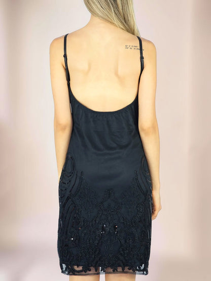 Vestido Liage Curto Bordado Festa Alça Brilho Transparencia Decote V e Costas Preto