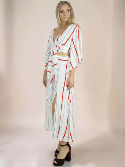 Conjunto Liage Saia Midi e Cropped Manga Comprida Flare Babado Estampado Listrado Off White Vermelho Nude Azul Marinho