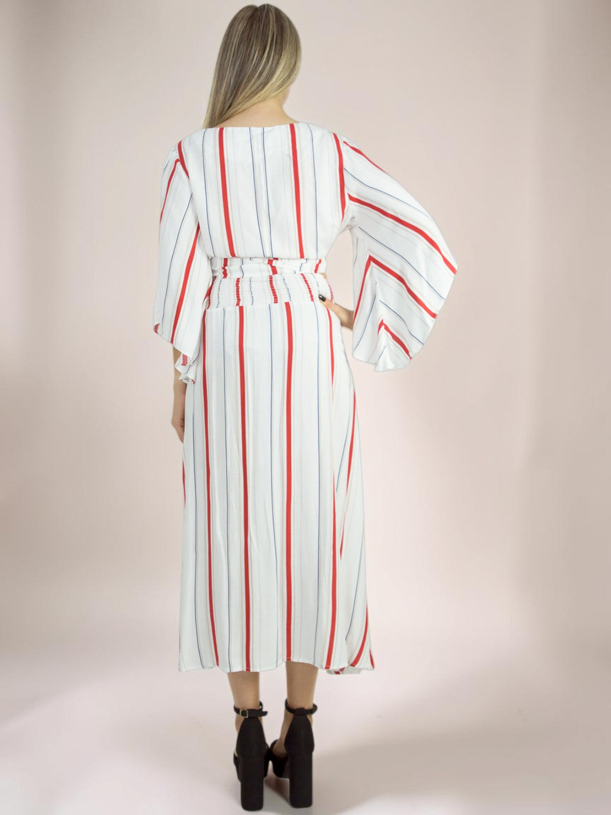 Conjunto Liage Saia Midi e Cropped Manga Comprida Flare Babado Estampado Listrado Off White Vermelho Nude Azul Marinho
