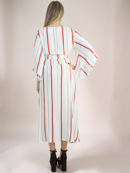Conjunto Liage Saia Midi e Cropped Manga Comprida Flare Babado Estampado Listrado Off White Vermelho Nude Azul Marinho