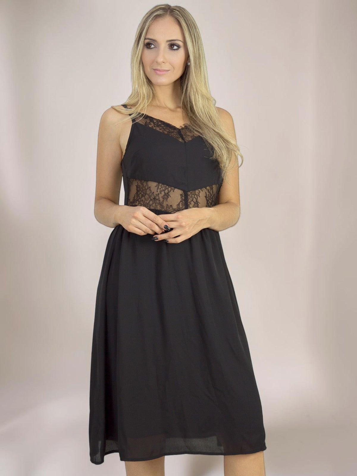 Vestido Liage Midi Liso Festa Renda Transparência Alça Alcinha Preto