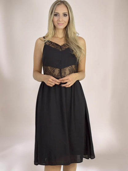 Vestido Liage Midi Liso Festa Renda Transparência Alça Alcinha Preto