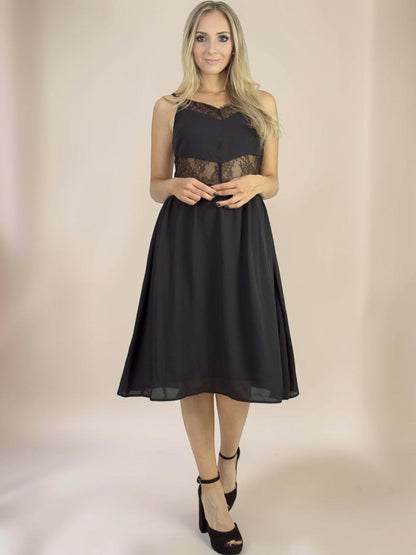 Vestido Liage Midi Liso Festa Renda Transparência Alça Alcinha Preto