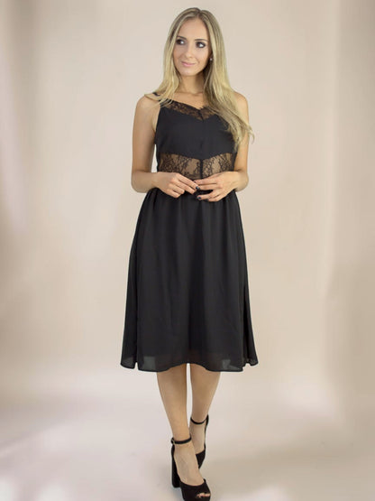 Vestido Liage Midi Liso Festa Renda Transparência Alça Alcinha Preto