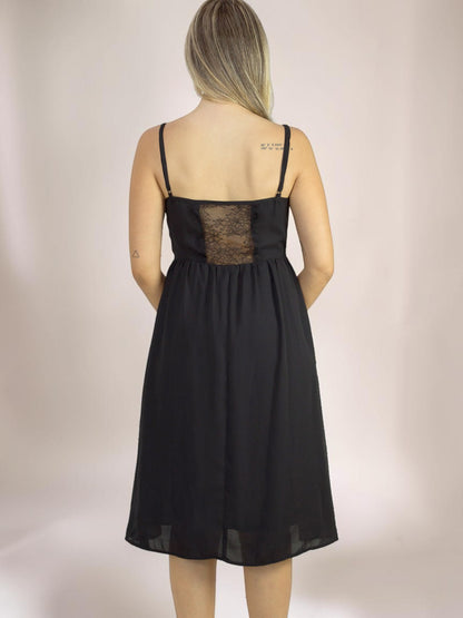 Vestido Liage Midi Liso Festa Renda Transparência Alça Alcinha Preto