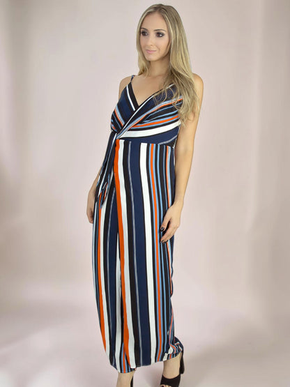 Vestido Liage Longo Estampado Listrado Alça Alcinha Envelope Branco Laranja Azul Claro e Marinho