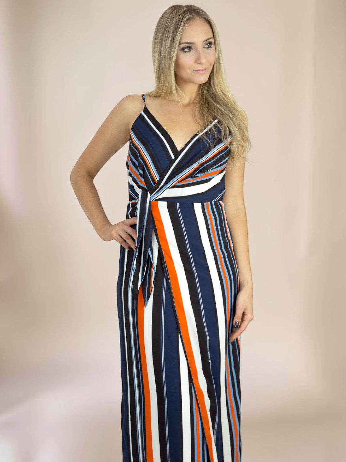 Vestido Liage Longo Estampado Listrado Alça Alcinha Envelope Branco Laranja Azul Claro e Marinho