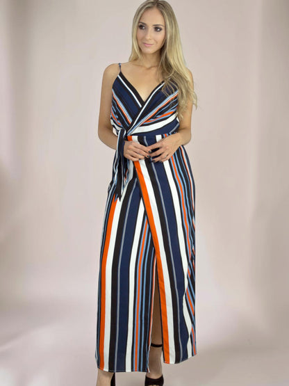 Vestido Liage Longo Estampado Listrado Alça Alcinha Envelope Branco Laranja Azul Claro e Marinho