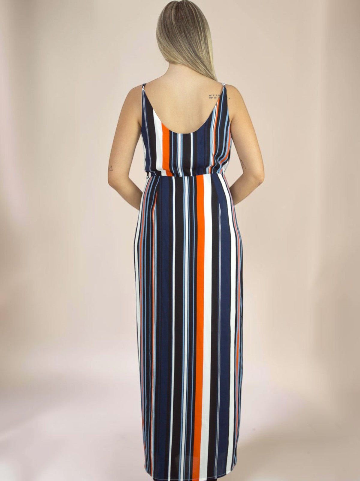Vestido Liage Longo Estampado Listrado Alça Alcinha Envelope Branco Laranja Azul Claro e Marinho